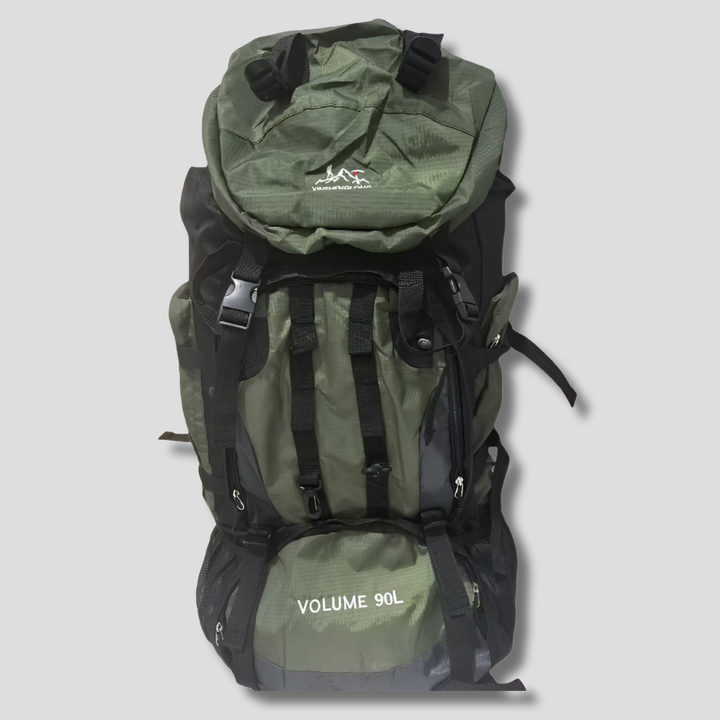 Unisex 90L large capacity hiking backpack in blue, ideal for multi-day trekking, camping, and outdoor adventures.