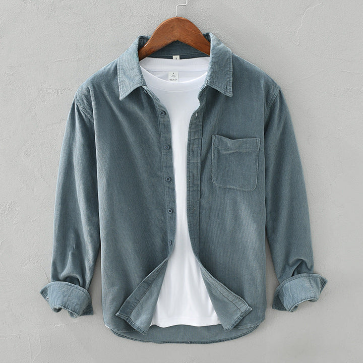 Textured men's casual button-up long sleeve shirt, ideal for fall, winter, and layering outfits.