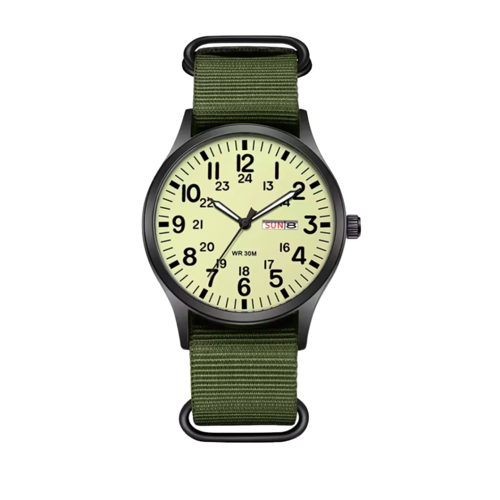 Adventure-ready men's outdoor field watch with luminous dial, available in tactical black, blue, or green.