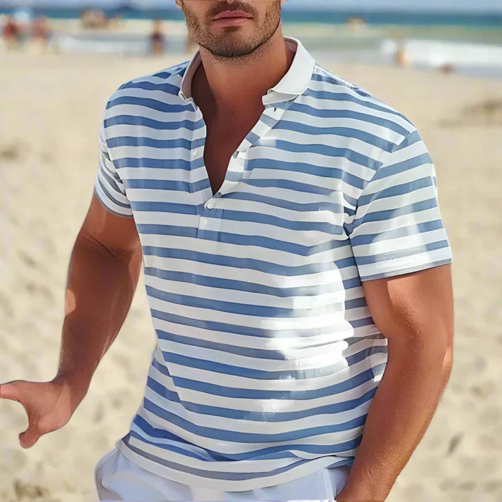 Men's striped short sleeve polo shirt for casual style. Comfortable everyday wear, perfect for summer fashion.
