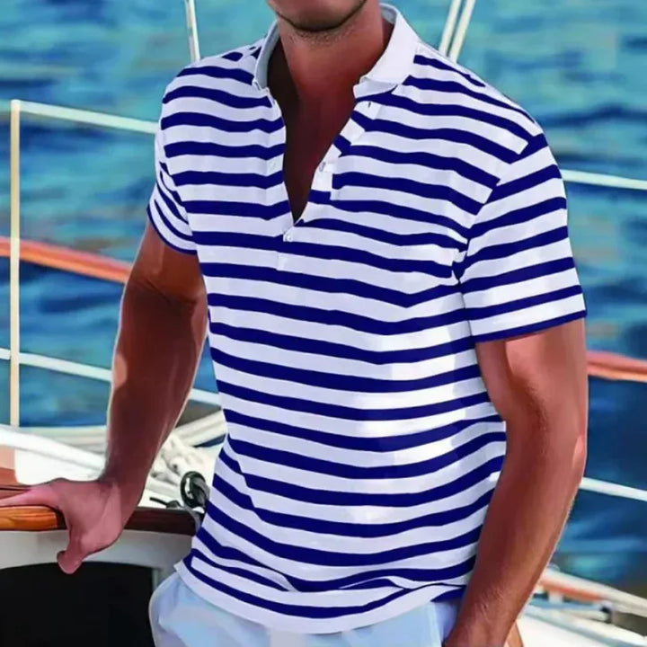 Men's casual striped short sleeve polo shirt. Modern everyday wear, great for men's fashion and summer comfort.