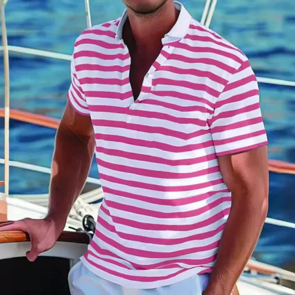 Stylish men's striped polo shirt with short sleeves. A comfortable and versatile casual top for any summer occasion.