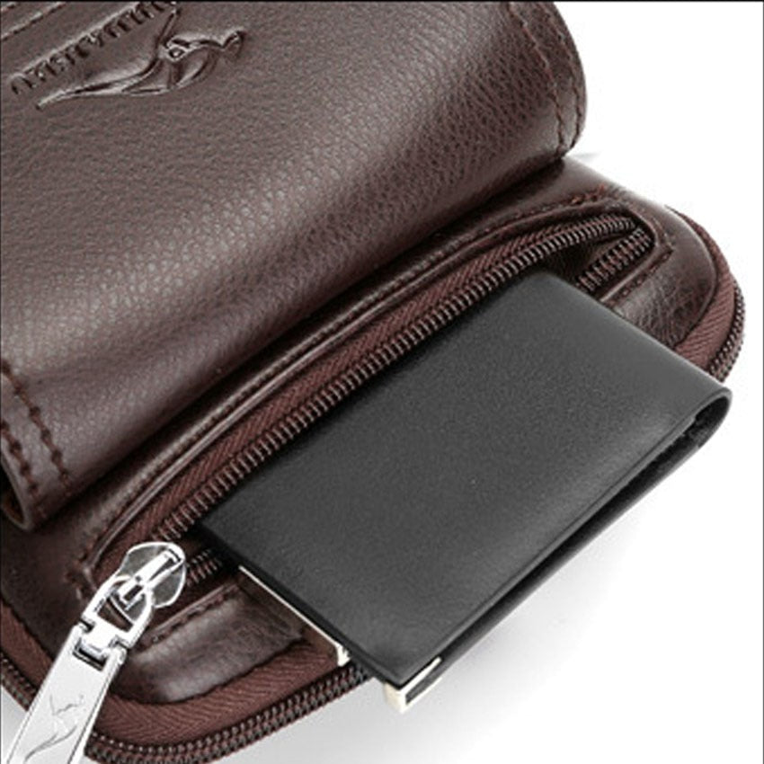 Fashionable men's vertical travel bag with front pocket, a sleek crossbody accessory for urban explorers.