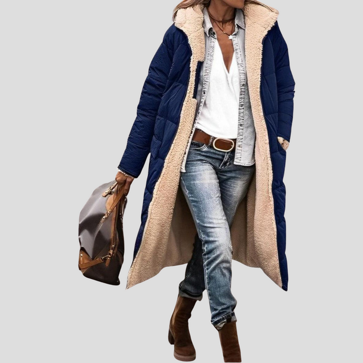 Stylish women's reversible hooded winter coat, showing two distinct looks. Versatile cozy outerwear.
