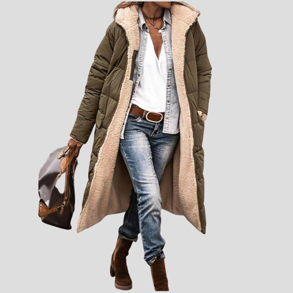 Soft & cozy women's hooded winter coat, reversible for two looks. A warm, long jacket for stylish seasonal wear.
