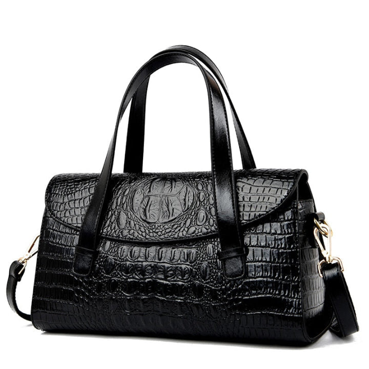 Stylish women's shoulder bag with crocodile embossing, available in brown, black, and burgundy. Versatile fashion.