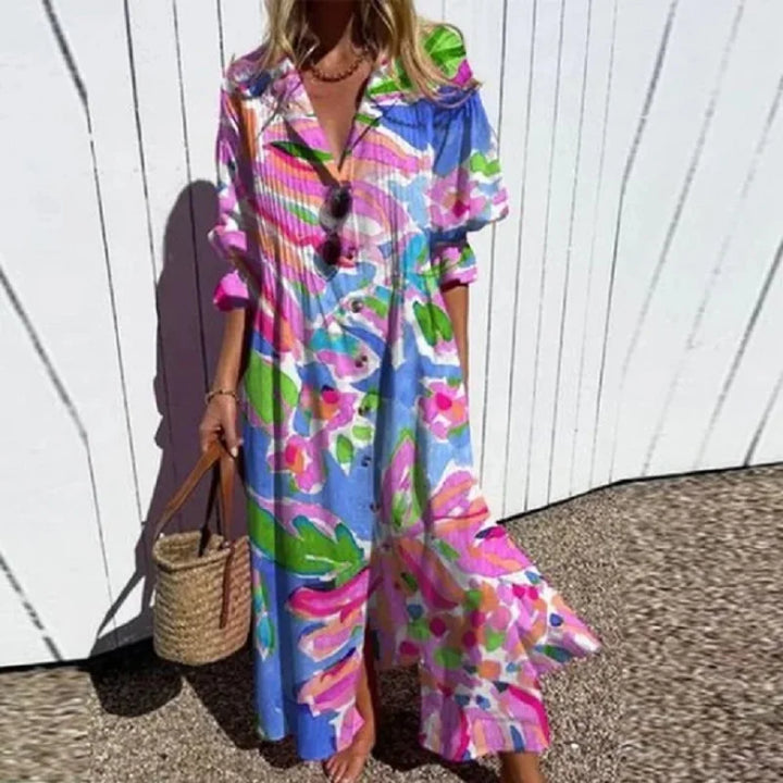 Women's versatile button-down maxi dress with a chic collar, perfect for spring fashion and day wear.