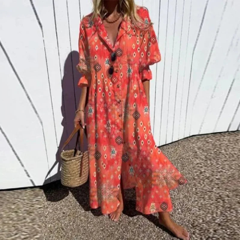 Relaxed fit collared day dress for women, a stylish button-down maxi ideal for vacation and summer.