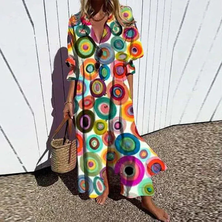 Elegant women's collared button-down maxi dress, versatile for spring and summer vacation wear.