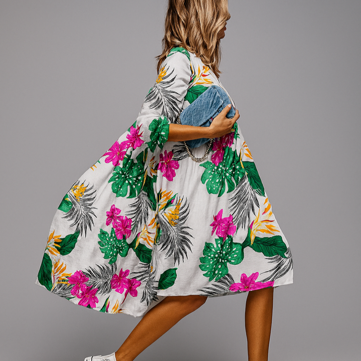 Effortless women's casual floral print midi shirt dress. Comfortable puff sleeve design, great for summer or spring.