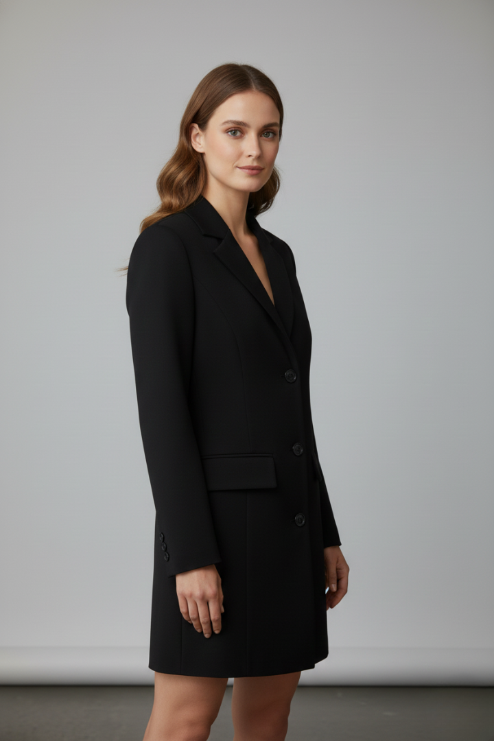 Women's professional longline blazer featuring a chic notched lapel & stylish button front. Ideal for business fashion.