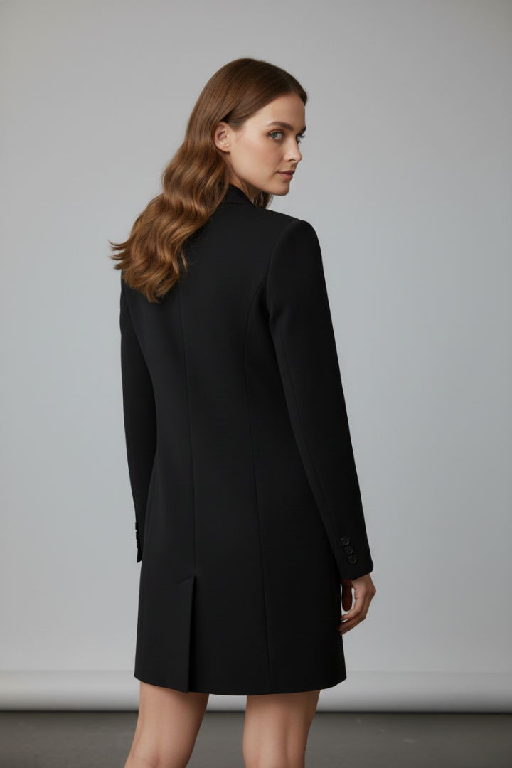 Versatile women's longline blazer, button-front with notched lapel. Perfect elegant jacket for office or business casual.