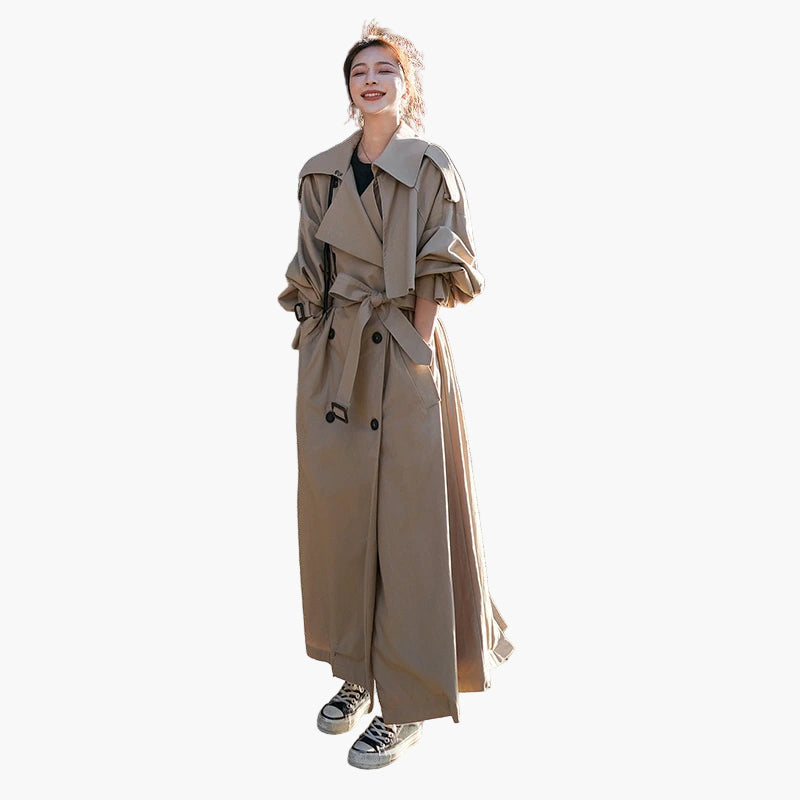 Fashionable women's long trench coat, designed with a loose fit for chic and versatile casual wear.