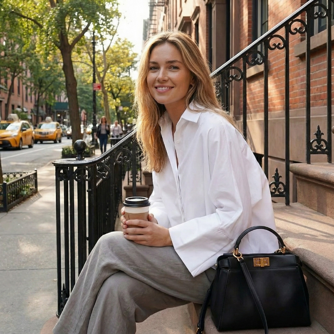 Elegant women's oversized button-down blouse. Comfortable, long sleeve top offering effortless chic style for any occasion.