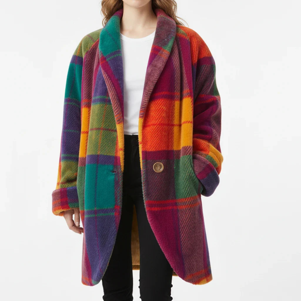 Chic women's oversized multicolor plaid jacket, perfect for stylish fall and winter layering. Trendy casual outerwear.