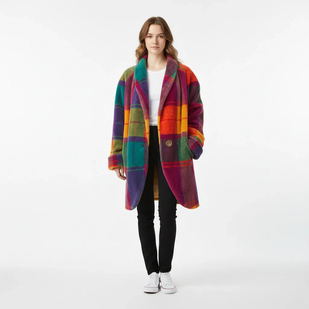 Stylish longline women's oversized plaid jacket for fall/winter. Warm layering piece with a trendy multicolor pattern.