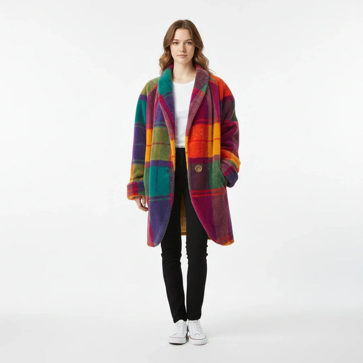 Stylish longline women's oversized plaid jacket for fall/winter. Warm layering piece with a trendy multicolor pattern.
