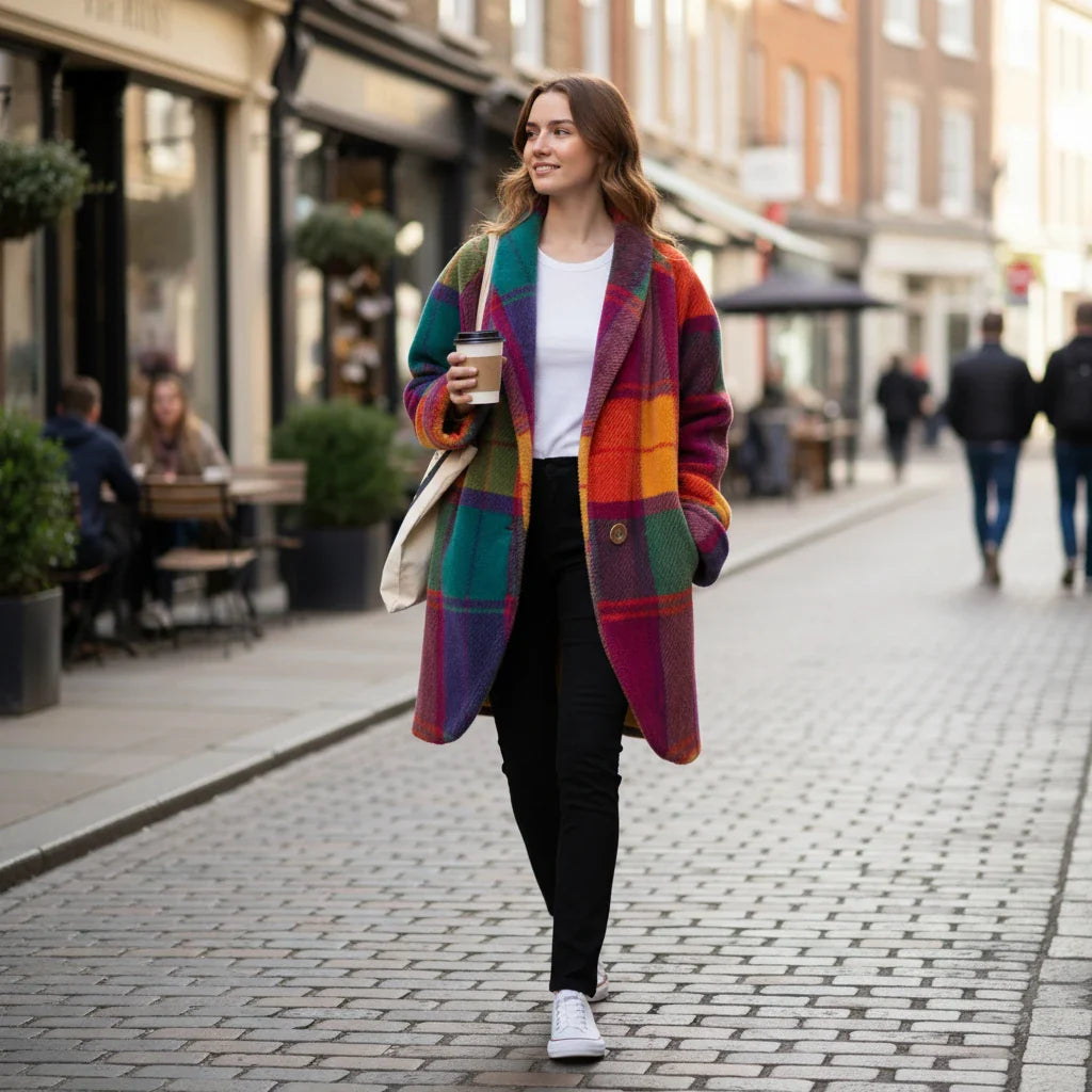 Trendy multicolor plaid oversized jacket for women. Chic fall/winter outerwear, ideal for casual layering fashion.