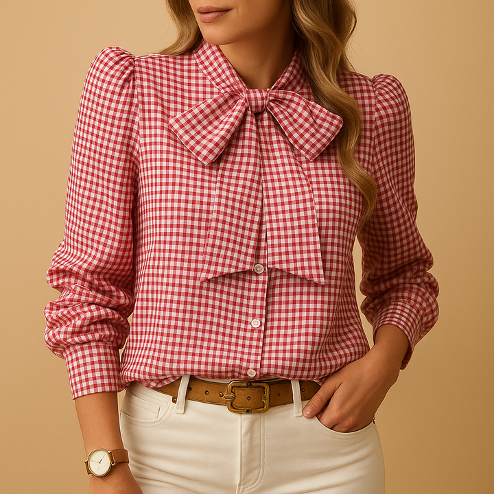 Chic women's plaid bow blouse. Elegant long-sleeve top with versatile style for office or casual wear.