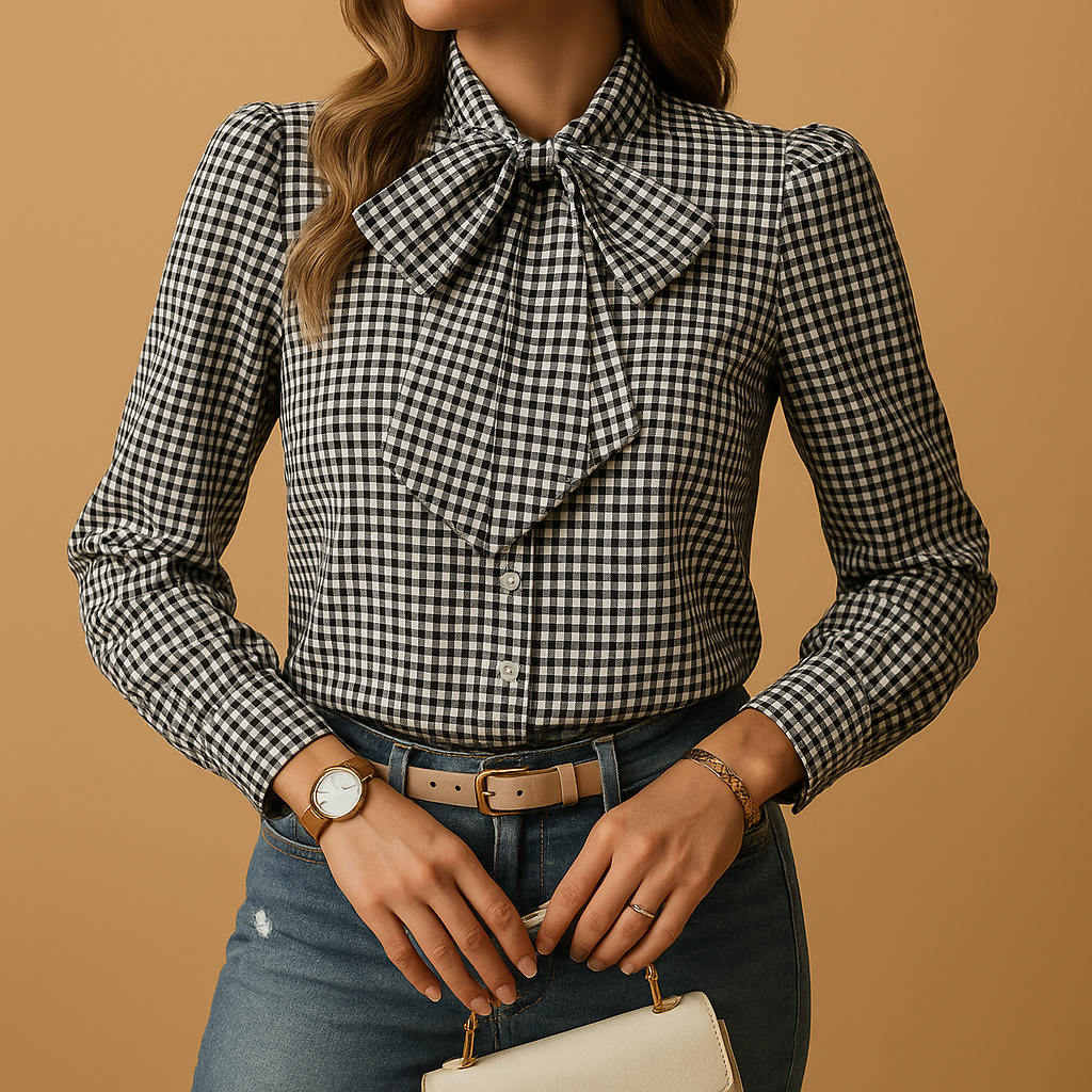 Elegant women's black/blue plaid blouse with a chic bow. A comfortable and versatile long-sleeve top for any occasion.