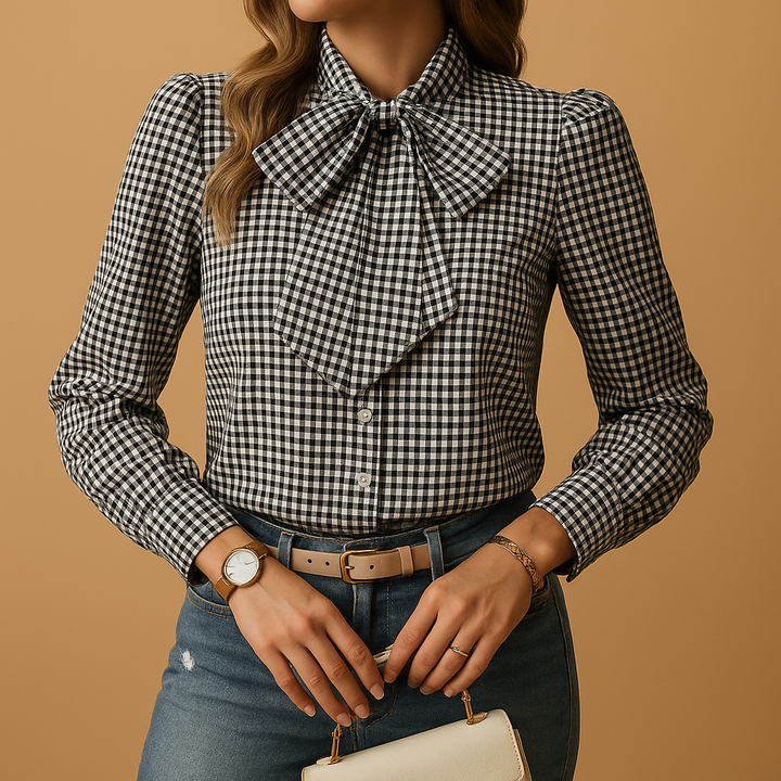 Elegant women's black/blue plaid blouse with a chic bow. A comfortable and versatile long-sleeve top for any occasion.