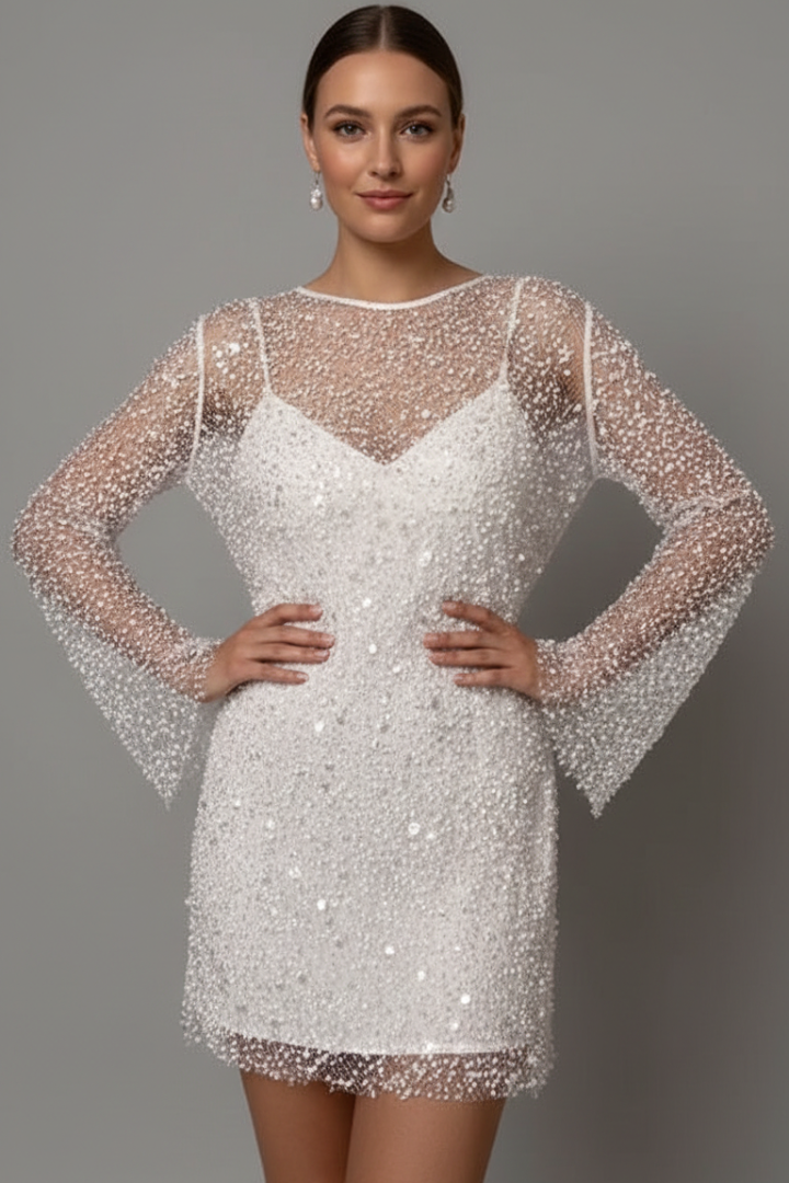 Elegant women's white mini dress, sleeveless with textured sheer overlay & round neck design. Chic party wear.
