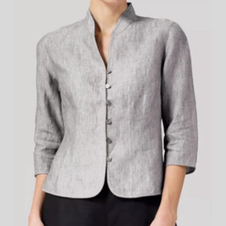 Chic women's stand-collar blouse with elegant three-quarter sleeves, perfect for office or casual stylish wear.