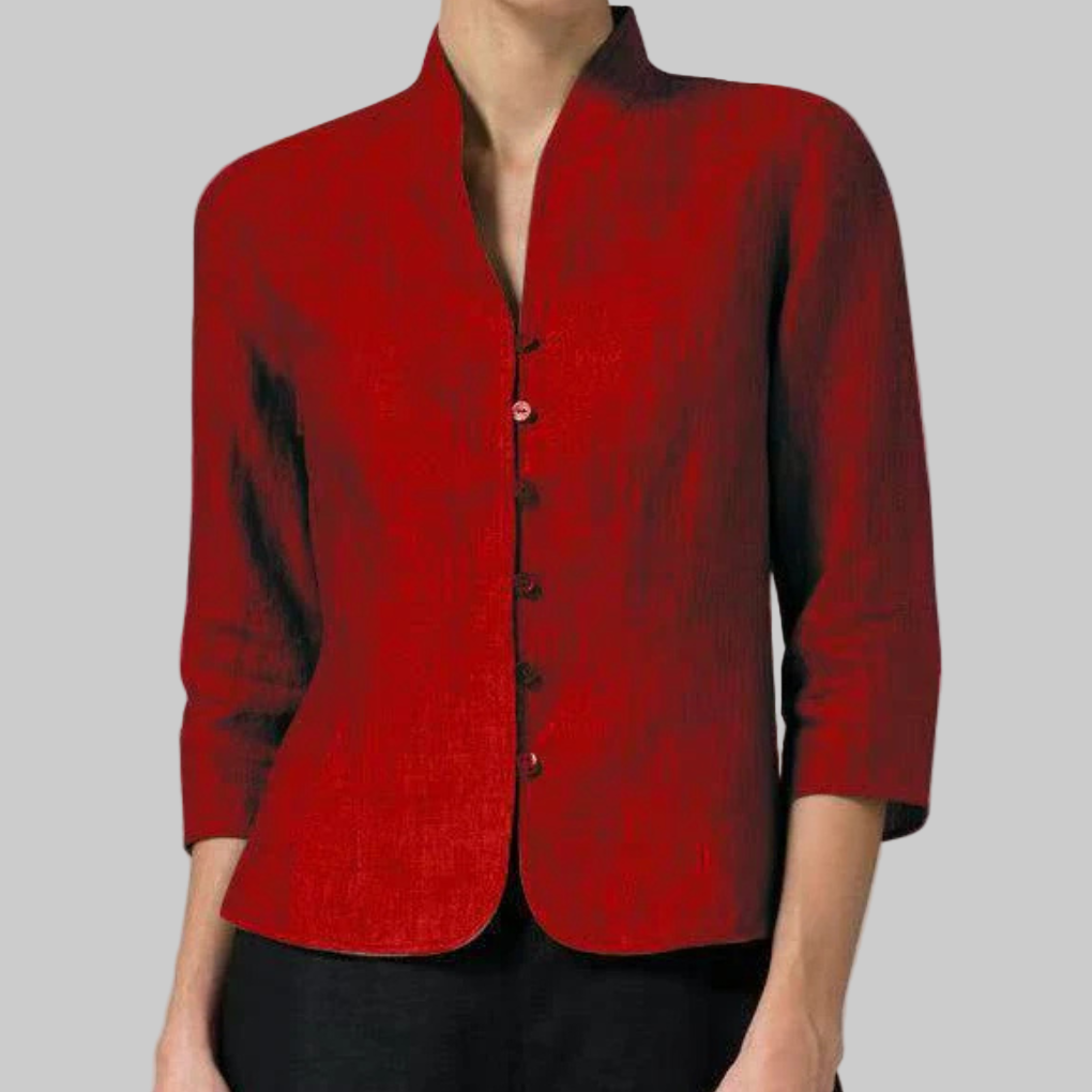 Elegant women's stand-collar blouse featuring a button front and three-quarter sleeves for versatile style.