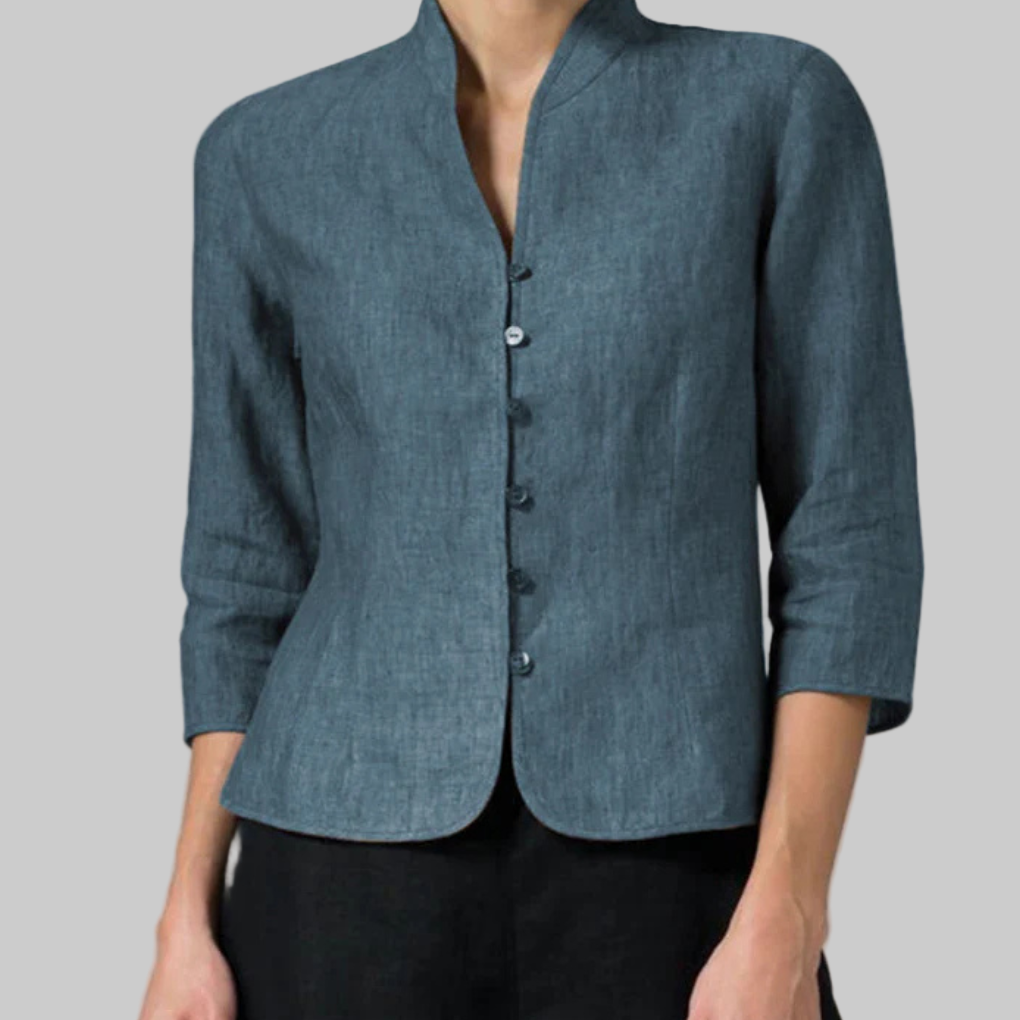 Stylish women's stand-collar blouse, ideal for office wear, with chic details & three-quarter sleeves.