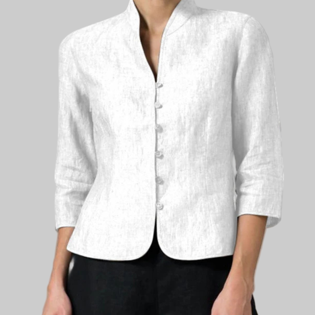 New versatile women's stand-collar blouse with three-quarter sleeves for stylish casual or office fashion.