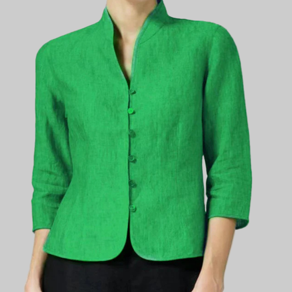 Fashionable women's stand-collar blouse with three-quarter sleeves, a chic & versatile top for any occasion.