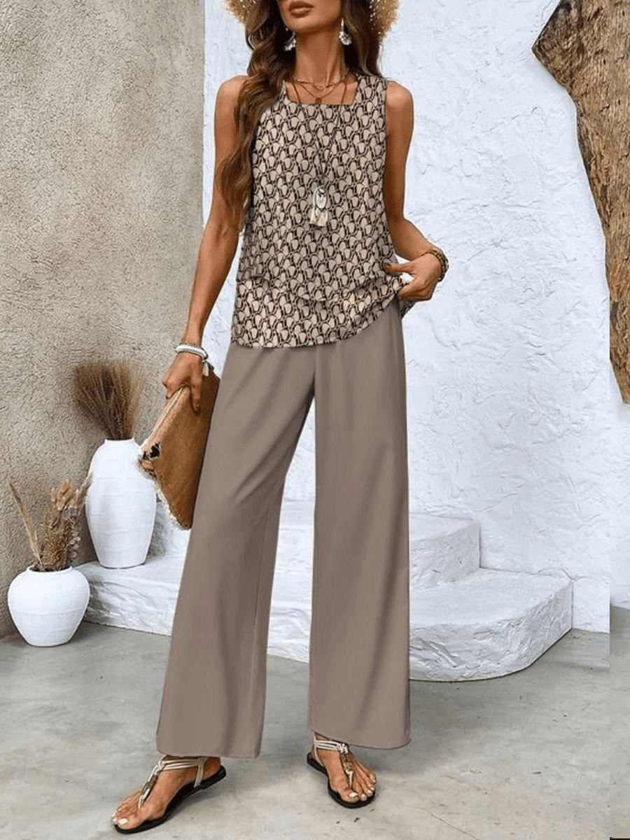 Versatile women's summer set: elegant flowy top & wide-leg pants. A comfortable two-piece for any occasion.