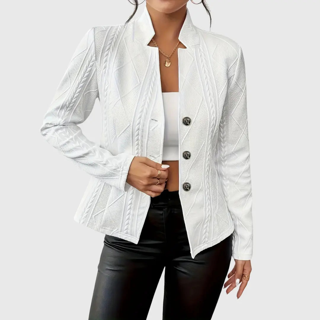 Chic women's tailored blazer, versatile for office wear or elegant smart casual outfits. A modern wardrobe essential.