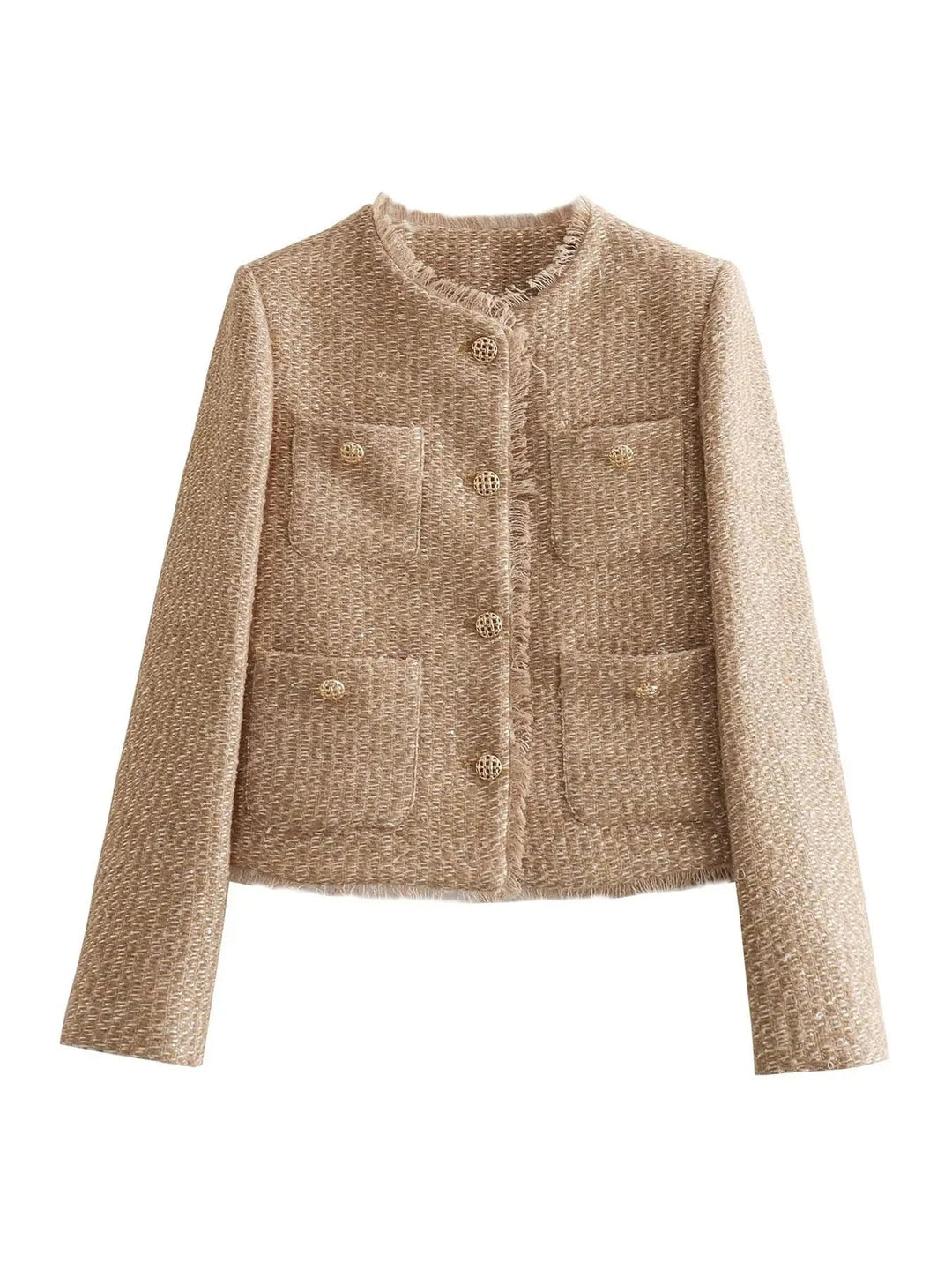 Polished women's fringed cropped jacket, tailored design for a modern and chic look.