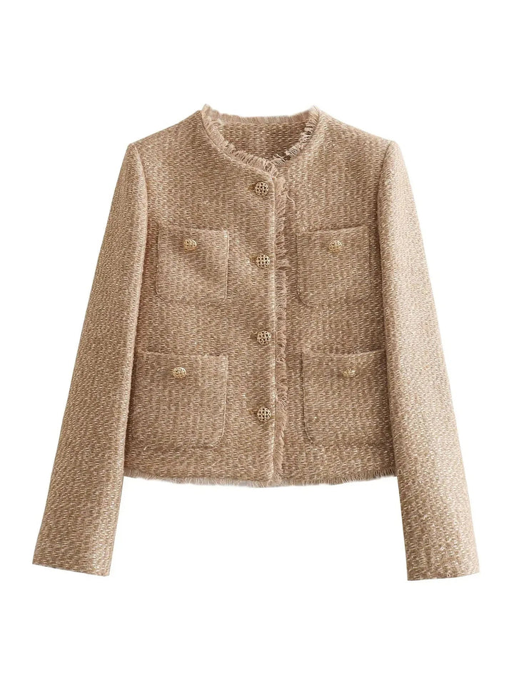 Polished women's fringed cropped jacket, tailored design for a modern and chic look.