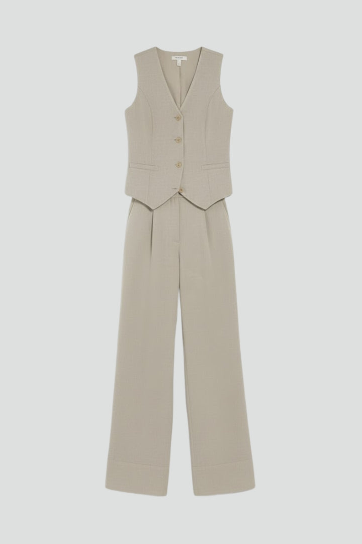 Chic women's V-neck vest & wide-leg pants two-piece set for a stylish business casual spring/summer outfit.