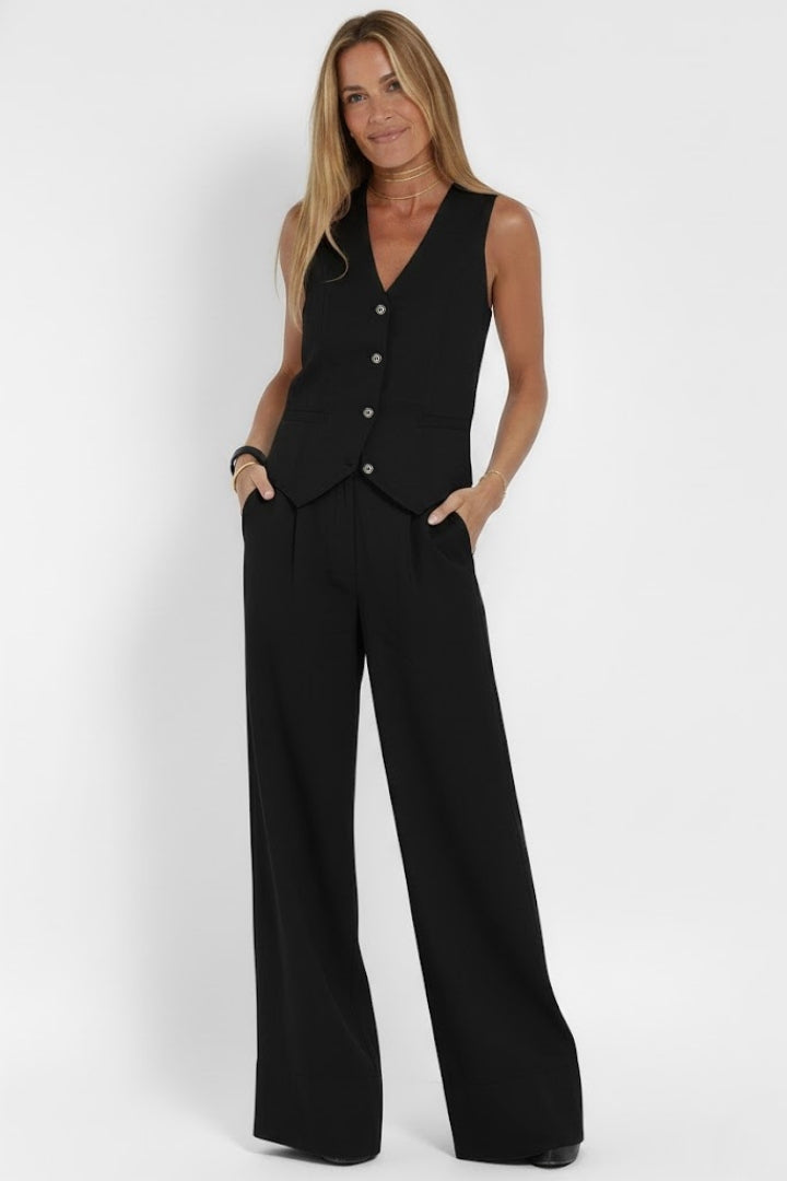 Versatile women's two-piece set: V-neck waistcoat & wide-leg pants. Great for chic summer or business casual.