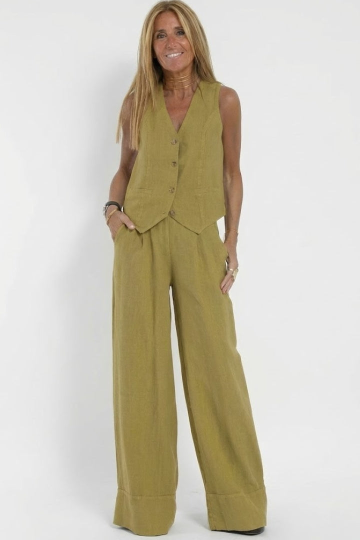 Complete women's two-piece fashion set with V-neck vest and elegant wide-leg pants. Business casual chic.
