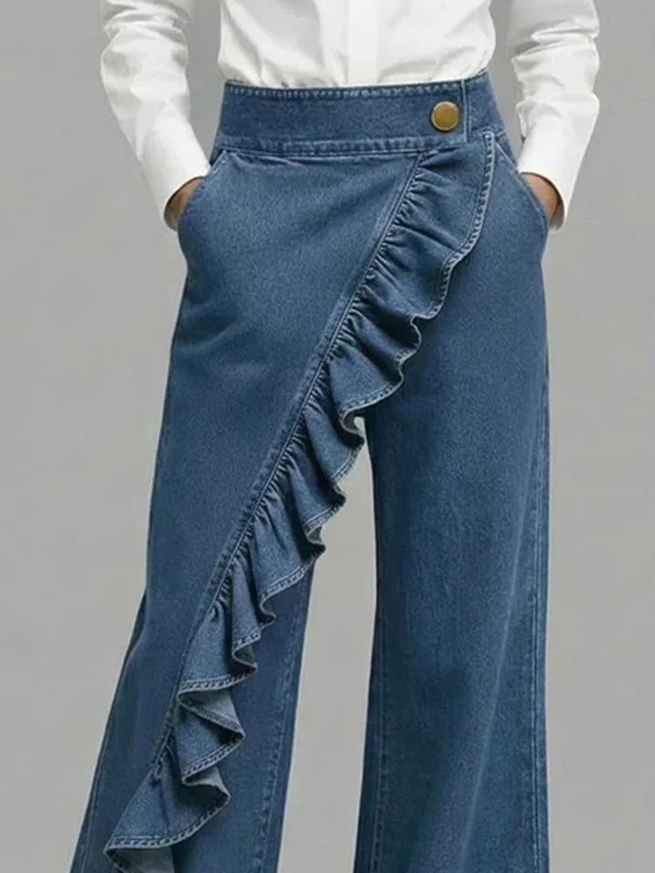 High-rise wide leg women's jeans featuring stylish ruffle accents & a comfortable relaxed fit.