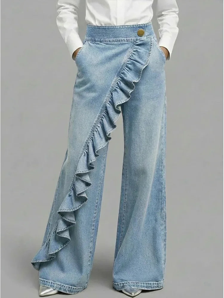 Fashionable women's wide leg jeans, high-rise with elegant ruffle detail, creating a chic statement.