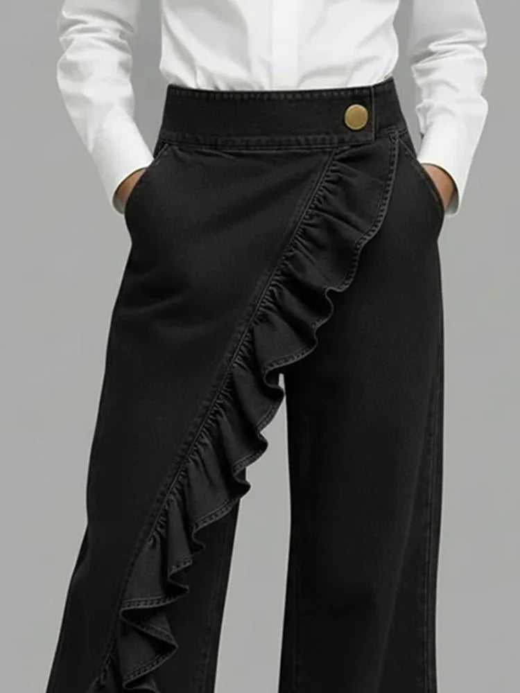 Stylish women's wide leg denim jeans with high-rise waist and elegant ruffle detail. Flowing & comfortable.