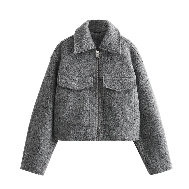 front view of a women's wool-blend bomber jacket, showcasing its clean lines and quality fabric