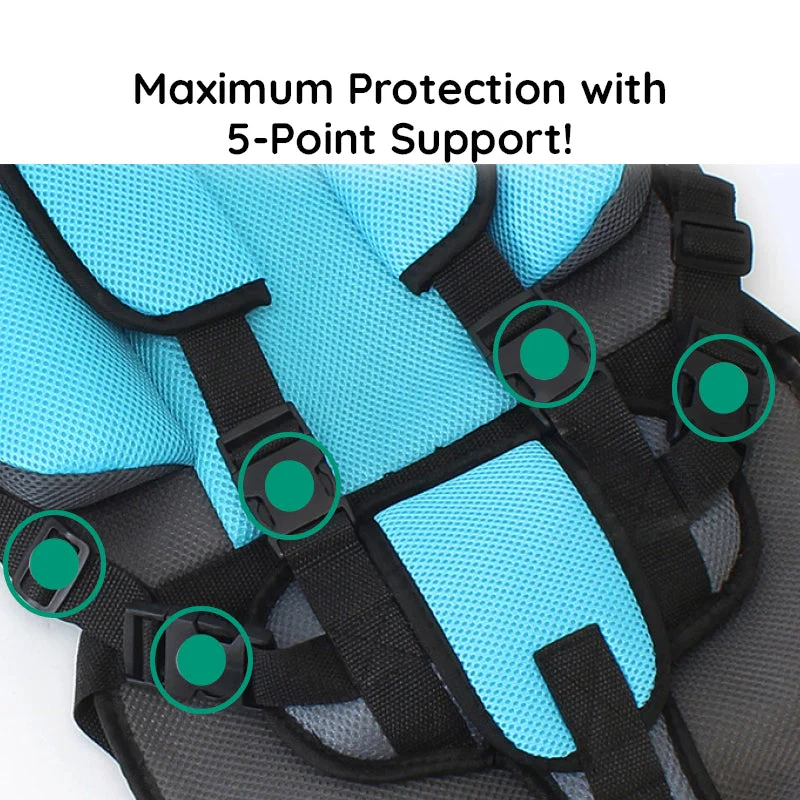 Child's road trip booster seat with comfort cushion and five-point harness for peace of mind.