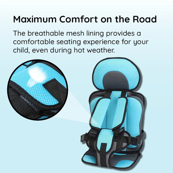 "Child safety car cushion seat in bright red with comfy padding and adjustable straps for secure, cozy travel."