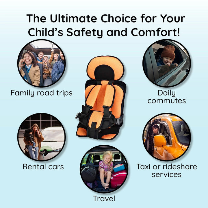 "Child safety car cushion seat in bright red with comfy padding and adjustable straps for secure, cozy travel."