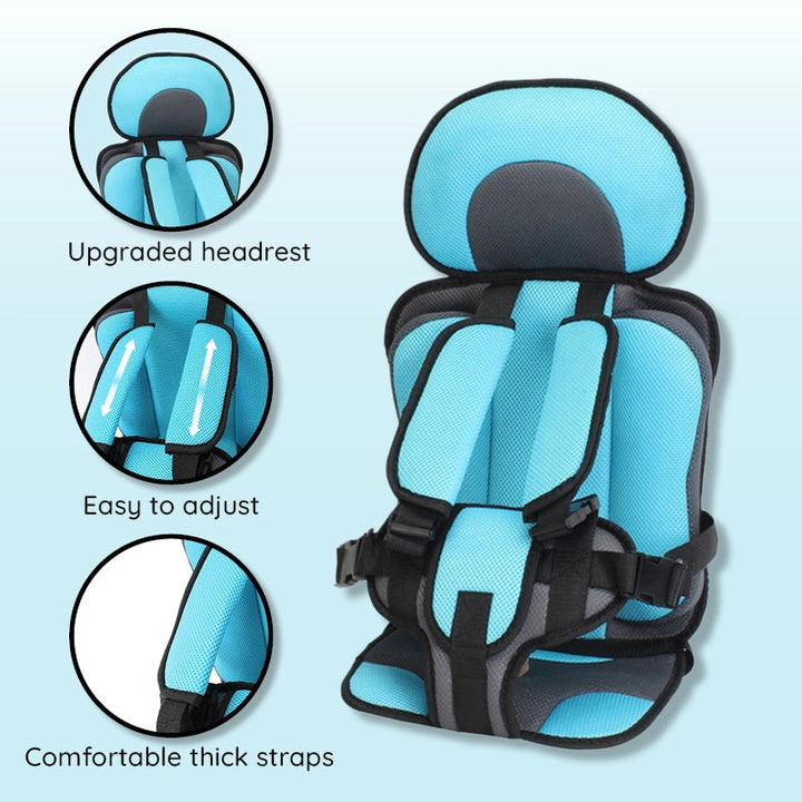 "Child safety car cushion seat in bright red with comfy padding and adjustable straps for secure, cozy travel."