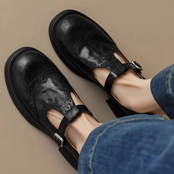 Women's brown leather T-strap Mary Jane shoes, classic design, perfect for daily comfort
