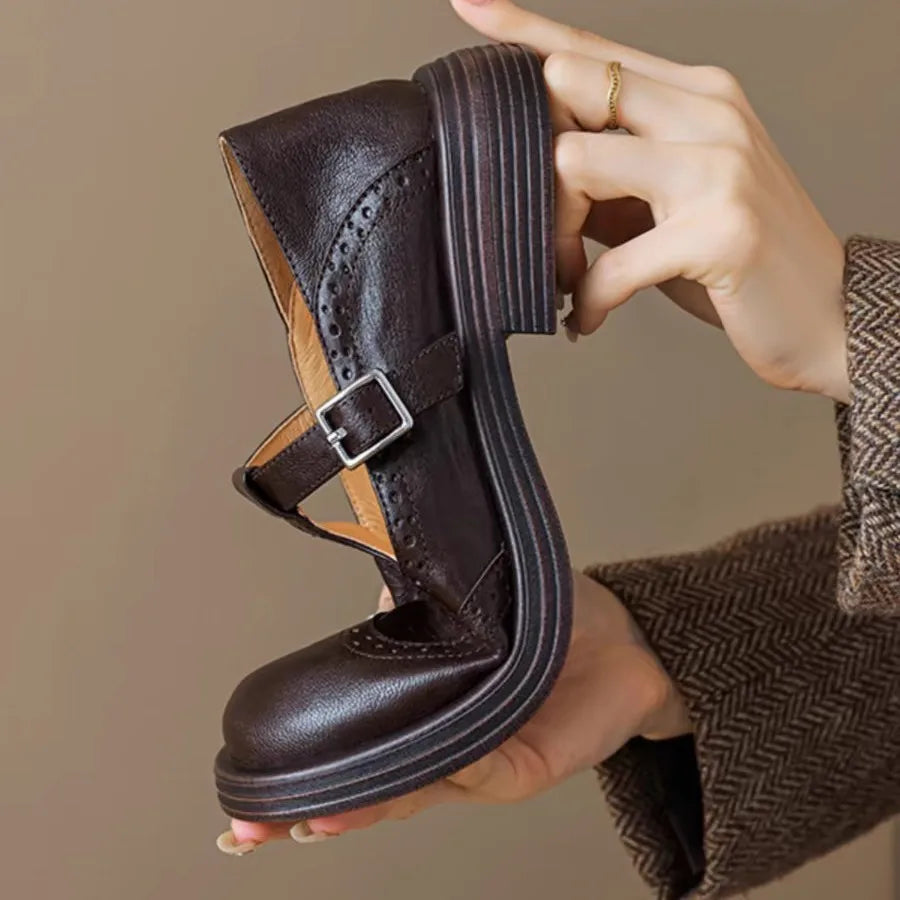 Comfortable women's classic T-strap Mary Jane shoes made of rich brown leather, everyday footwear