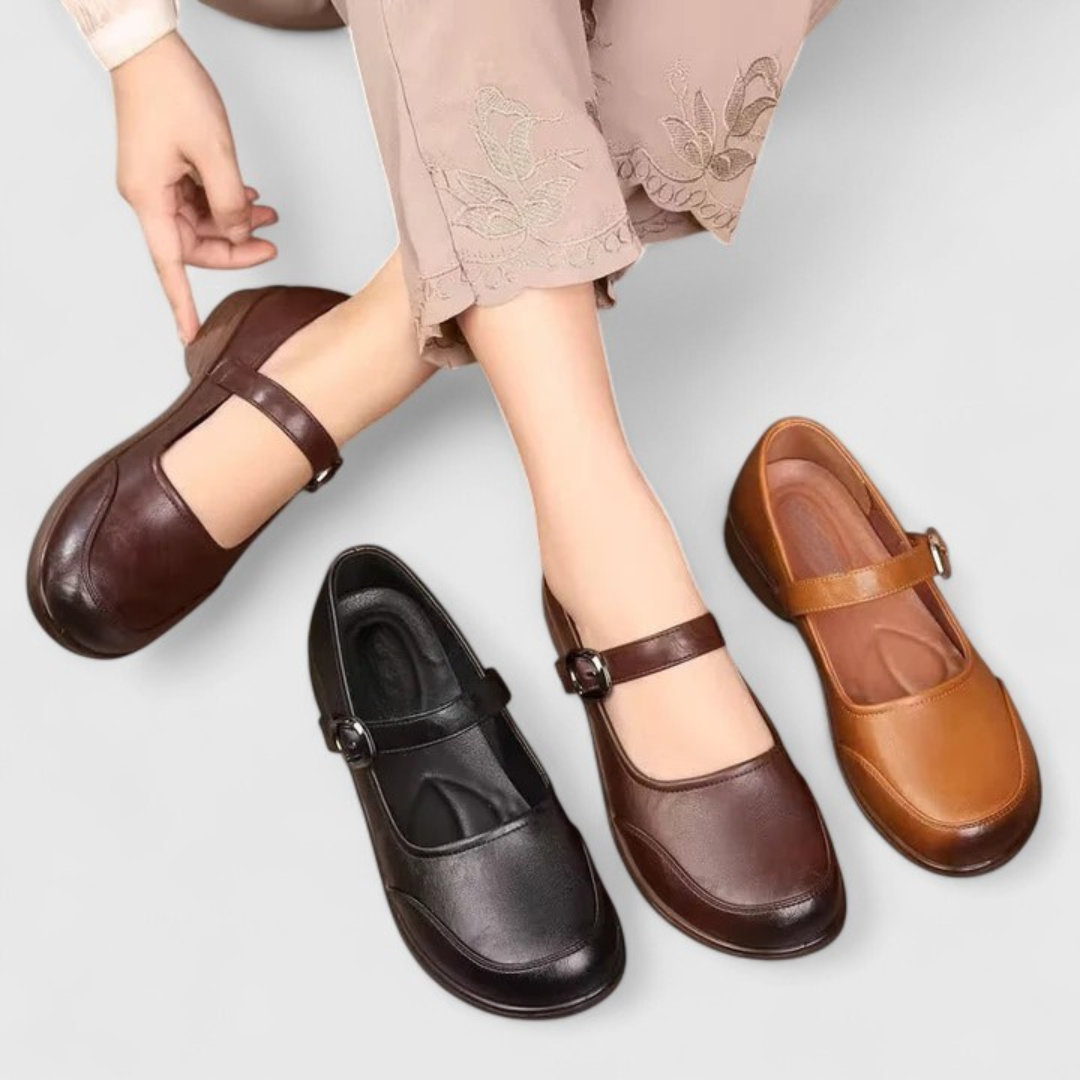 Woman wearing classic buckle flats, demonstrating comfortable and casual style