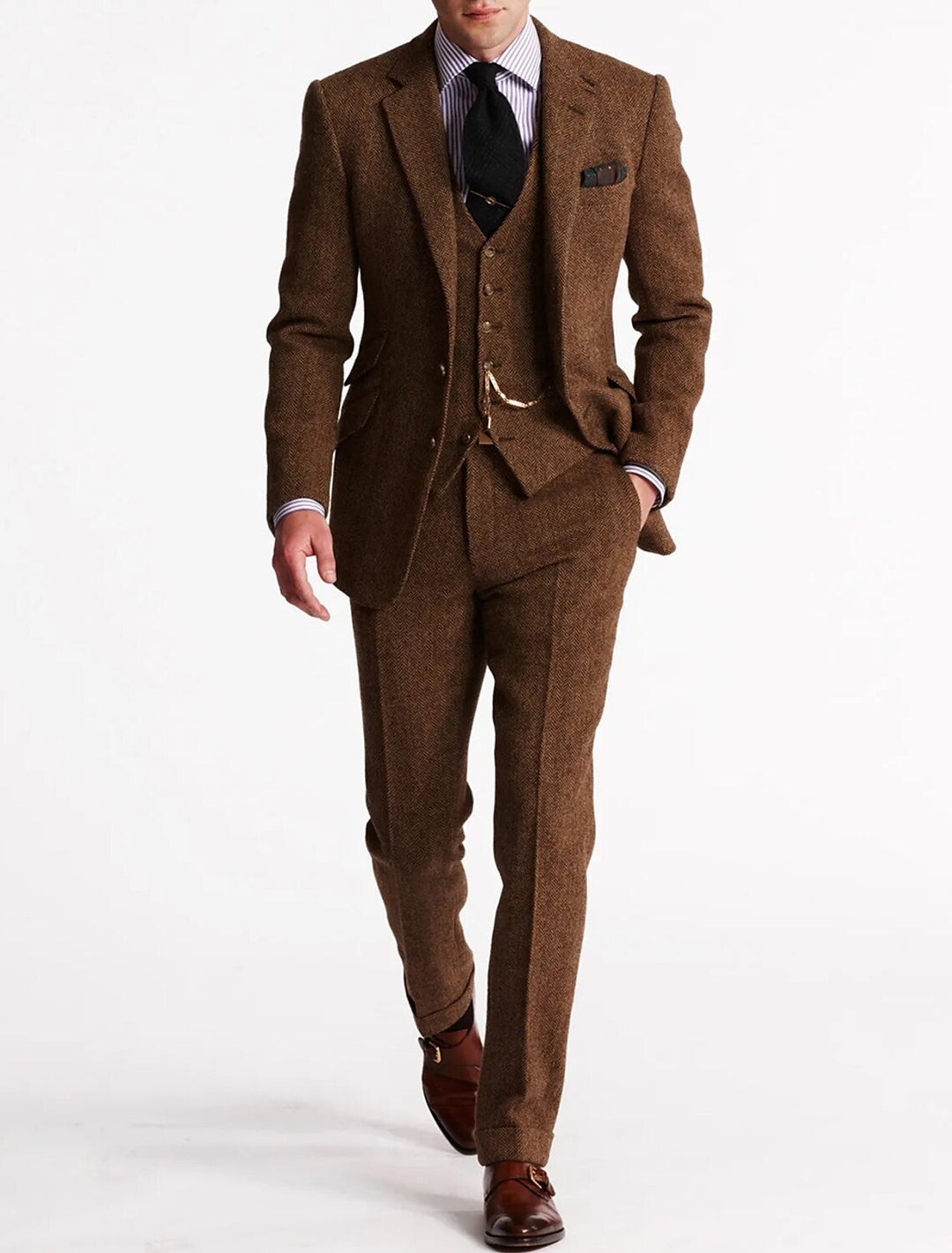 Classic men's three-piece suit, perfect for weddings, formal events & tailored professional wear. Elegant & stylish.